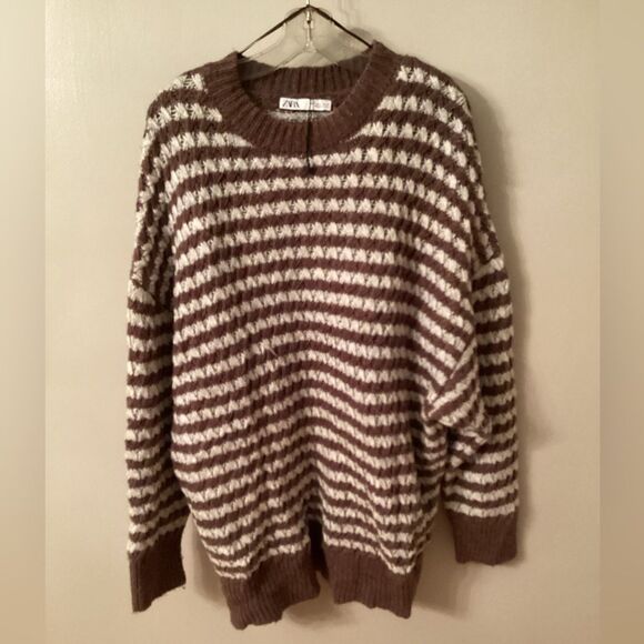 ZARA LARGE NWOT BROWN AND IVORY STRIPED CHUNKY KNIT BOYFRIEND SLOUCHY SWEATER - Picture 4 of 8